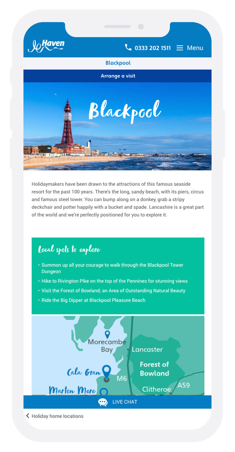 Haven E-Brochures website blackpool page on an iphone