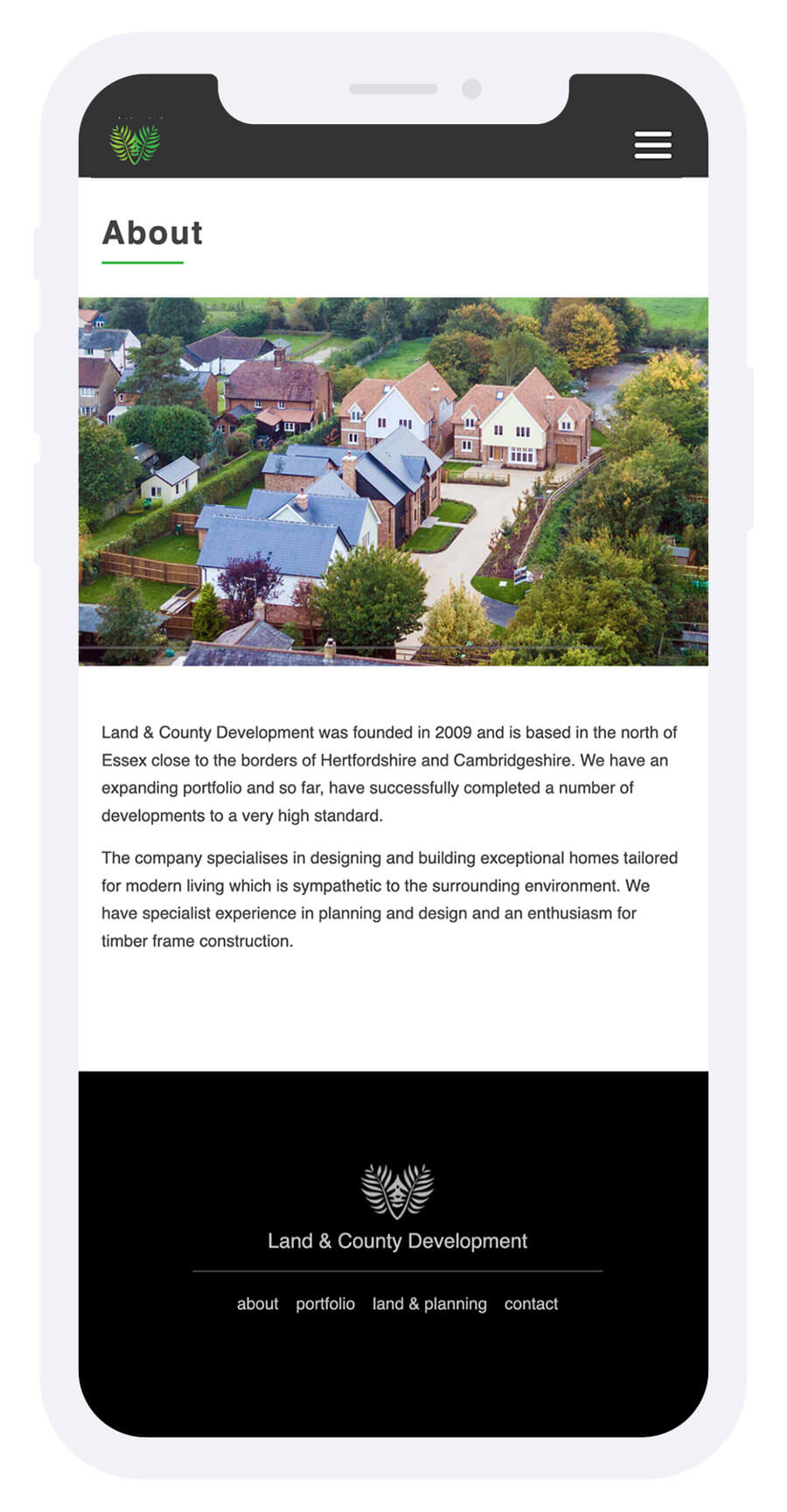 Land and County Development about page on an iphone