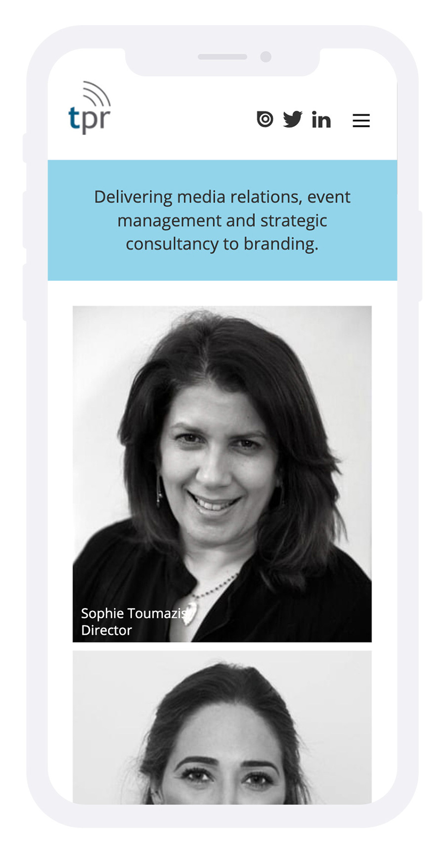 tpr-media website about page on an iphone