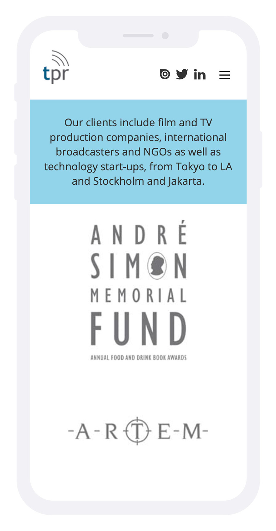 tpr-media website clients page on an iphone