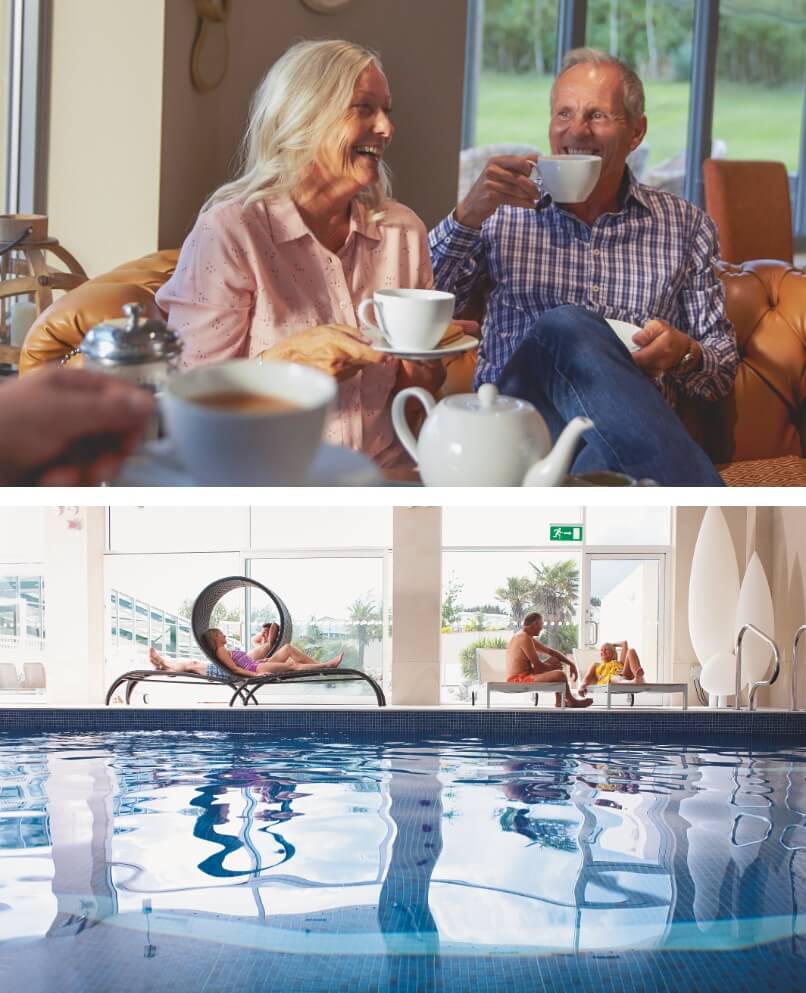 People relaxing in a cafe and a swimming pool.